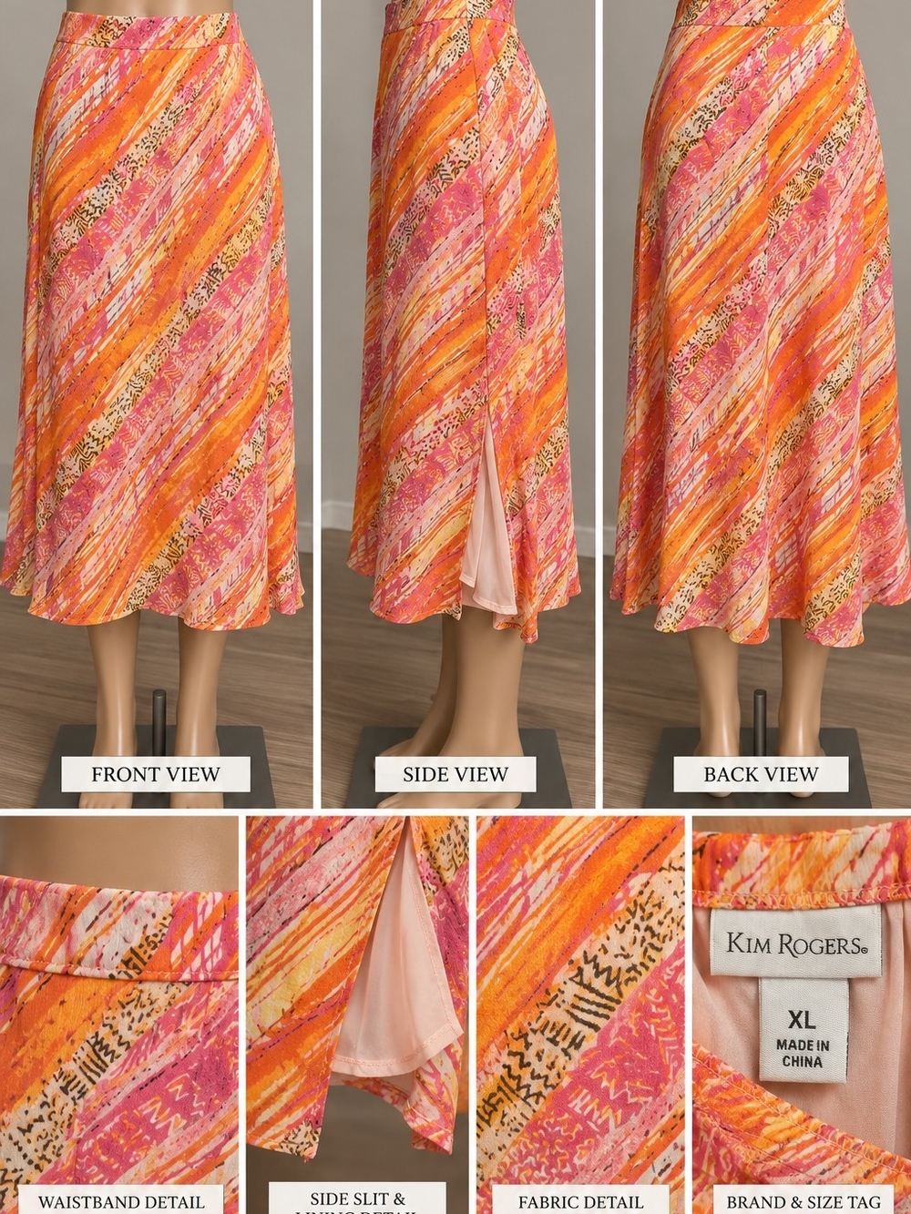 Kim Rogers Pink and Orange Diagonal-Print A-Line Midi Skirt